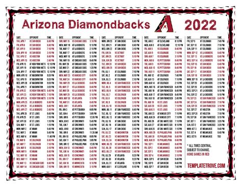 Printable 2022 Arizona Diamondbacks Schedule