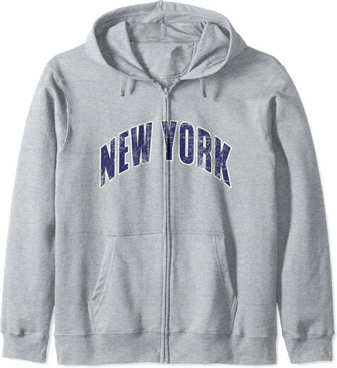 Classic Vintage Retro NEW YORK Navy Blue Text - Heather Grey Zip Hoodie: Amazon.co.uk: Clothing