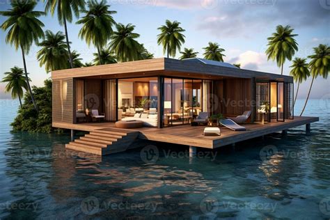 Tiny island in the middle of the ocean with modern beach house with wooden cladding and palms ...