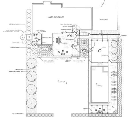 Landscape plans for a formal garden with swimming pool, outdoor kitchen, pergola, terraces ...