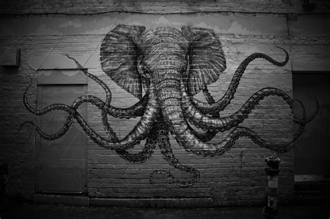 elephant, 2K, graffiti, wall, monochrome, Wallbase HD Wallpaper