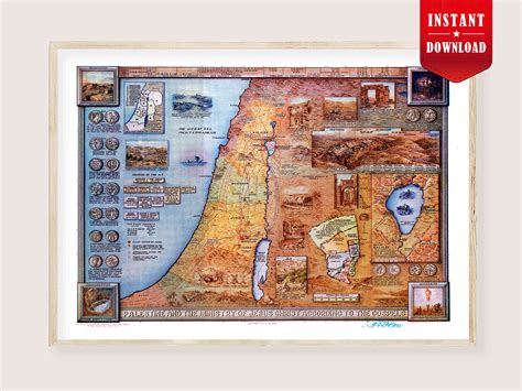 Palestine Map Holy Land Print Jesus Ministry Bible Map Jerusalem ...