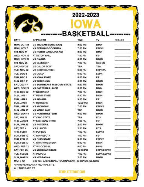 Iowa Women's Basketball Printable Schedule