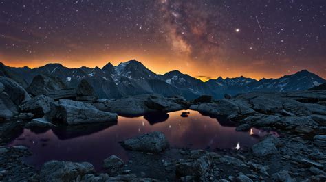 Starry sky with Milky Way over Uri mountains, Maderanertal, Switzerland ...