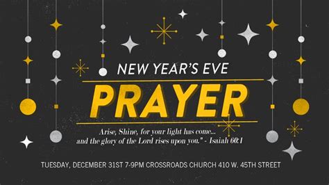 the new year's eve prayer flyer is shown with stars and lights hanging ...