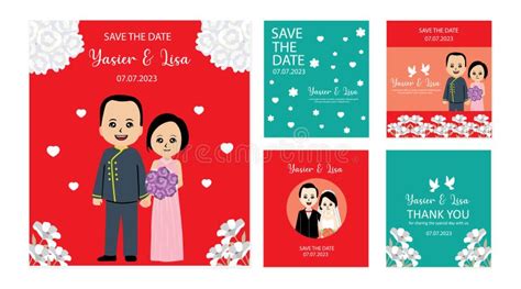 Wedding Invitation Cards with Cute Cartoon Bride and Groom Stock Vector ...