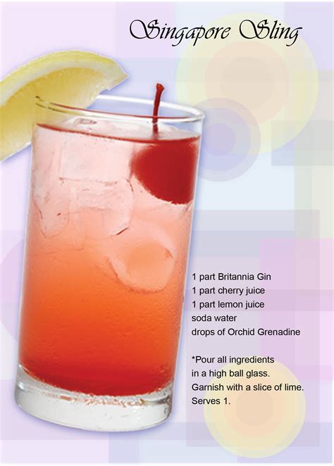 Singapore Sling ~ Ingredients: 1 part britannia Gin 1 part cherry juice 1 part lemon juice soda ...