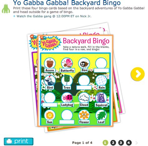 Yo Gabba Gabba! Backyard Bingo, Free Nick Jr Printable: http://www ...