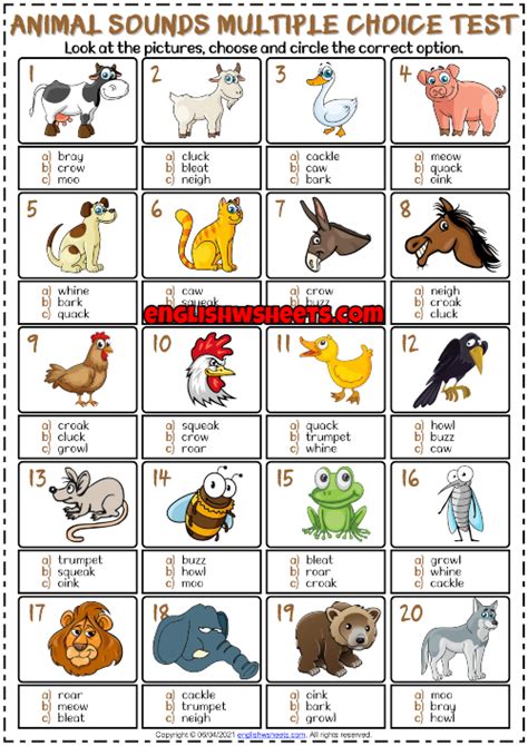 Animal Sounds ESL Printable Multiple Choice Test For Kids