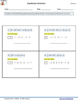 Dividing Polynomials using Synthetic Division Worksheet by Algebra Corner