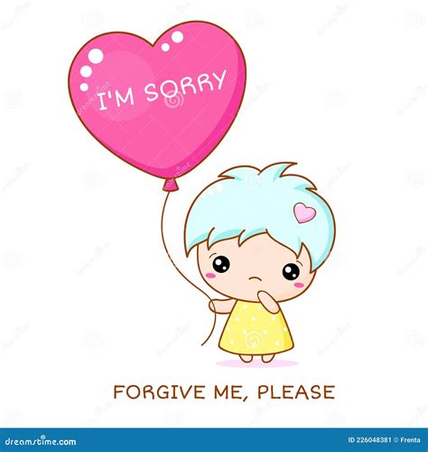 Sadness Kawaii Little Girl with Red Heart Shaped Balloon. Inscription I`m Sorry, Forgive Me ...