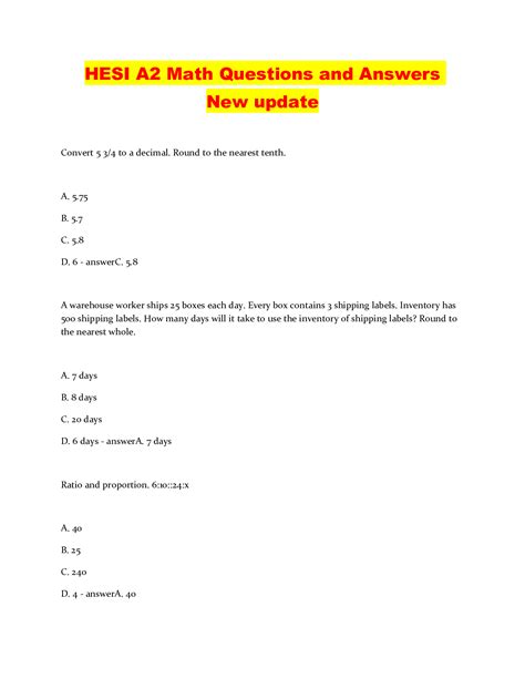Printable Hesi A2 Math Worksheet