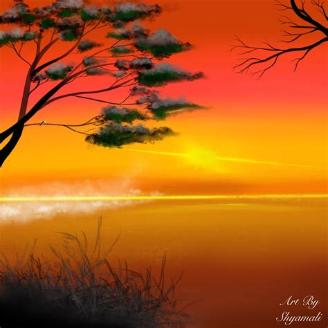 Digital Painting of Morning Sun Rise. Hand Painting Art, Tree Painting, Digital Painting, Canvas ...