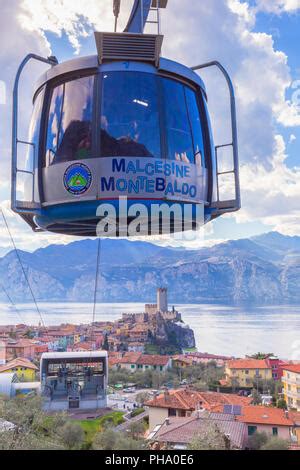 Cable car from Malcesine on the shore of Lake Garda to the top of Monte Baldo mountain above the ...