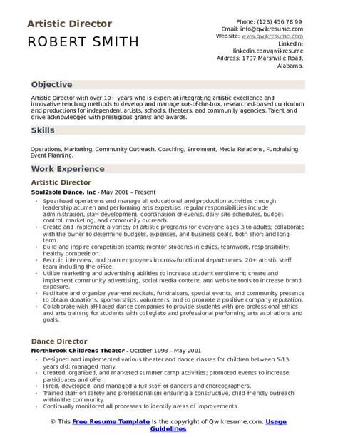 Artistic Director Resume Samples | QwikResume