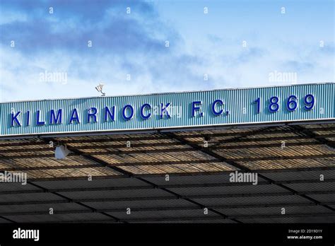 Kilmarnock Football Club name above one of the stadium stands, Rugby ...