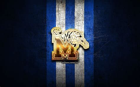 Memphis Tigers, golden logo, NCAA, blue metal background, american ...