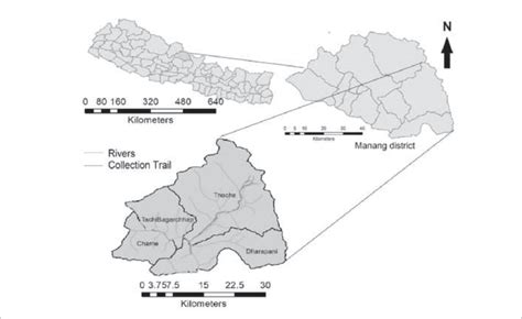 Map of Nepal showing Manang district & collection trail in Gyasumbdo... | Download Scientific ...