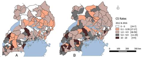 Map of Uganda showing population based CS rates per District in 2012... | Download Scientific ...