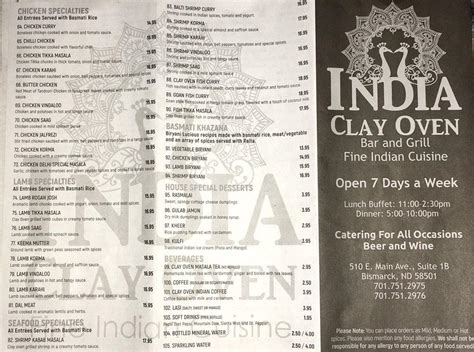 Menu at Indian Clay Oven Bar And Grill, Bismarck