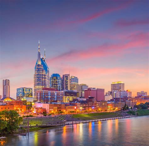 Nashville, Tennessee, USA downtown city skyline on the Cumberland River ...