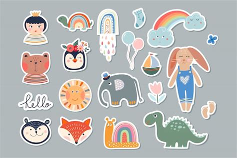 Premium Vector | Kids stickers set with different cute elements