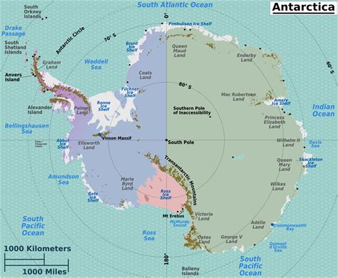 Map of Antarctica. This map includes the "Southern Pole of Inaccessibility" and the ...