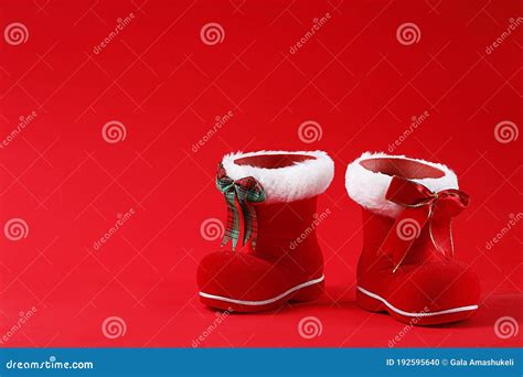 Santa Claus Boots, on a Red Backgroud, Horizontal Stock Photo - Image ...