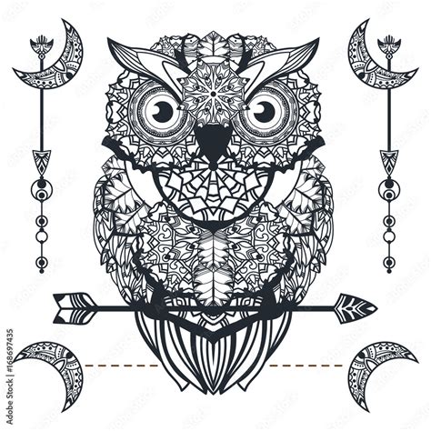 Vector decorative owl with arrow. Zentangle art. Ethnic illustration for tattoo design ...