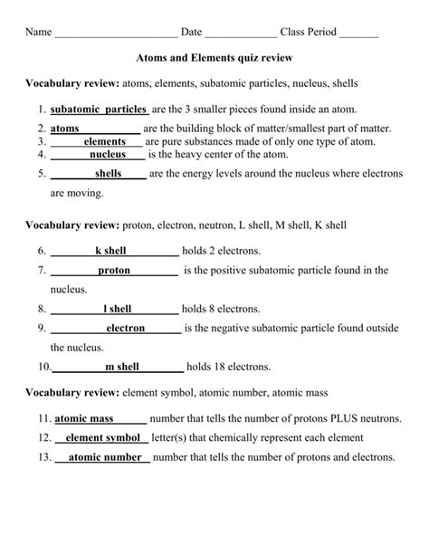 Atoms and Elements quiz review 08 key