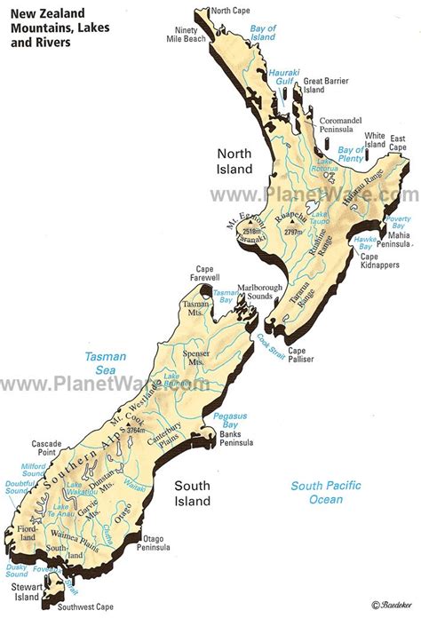 Map of New Zealand - Mountains, Lakes & Rivers | PlanetWare