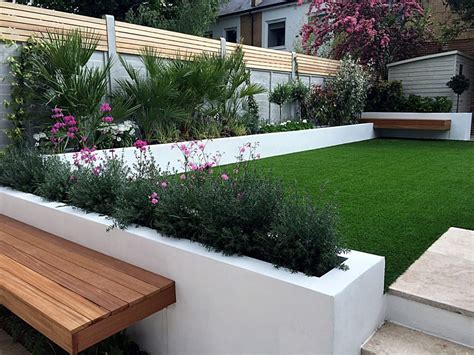 Modern garden design Fulham Chelsea Clapham grass travertine paving ...