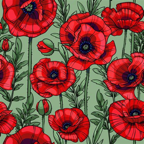 scarlet red poppies, flowers, leaves and stems, seamless vector pattern 11534094 Vector Art at ...