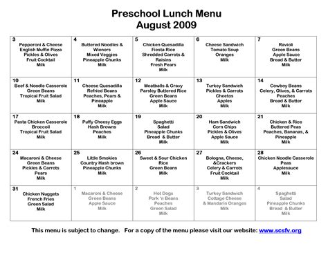 Preschool Lunch Menu Template | Daycare menu, School lunch menu ...