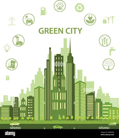 Green city concept with different icons and eco symbols. Modern city design with future ...