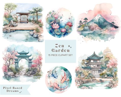 Zen Garden Clipart Digital Watercolor Clip Art Japanese Garden Clipart ...