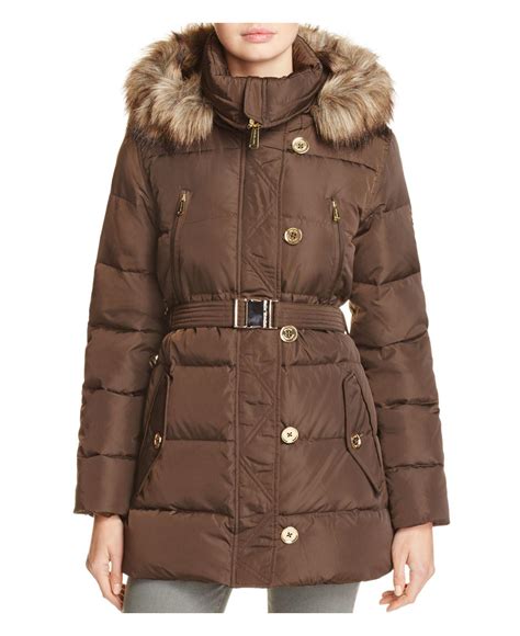 MICHAEL Michael Kors Faux Fur Belted Puffer Coat in Brown | Lyst