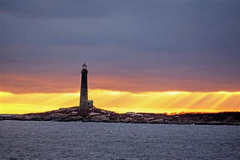 Thacher Island Lighthouse at Sunrise Sunrays Rockport MA Photograph by Toby McGuire - Fine Art ...