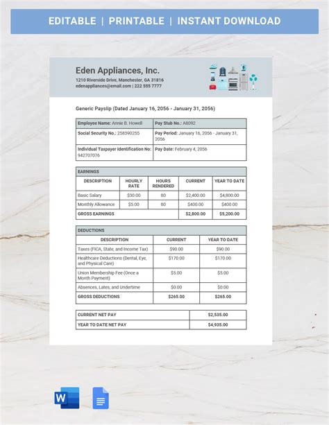 Free Free Generic Payslip Template - Google Docs, Word | Template.net