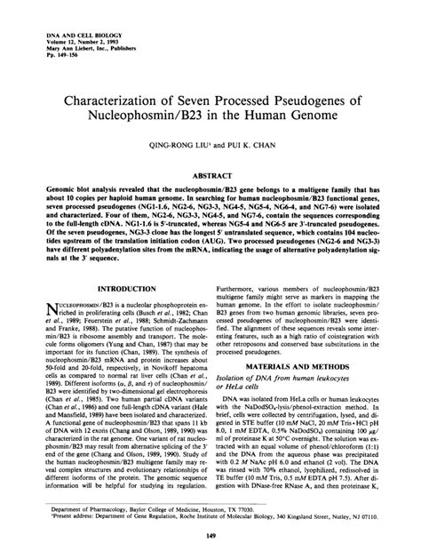 (PDF) Characterization of Seven Processed Pseudogenes of Nucleophosmin/B23 in the Human Genome