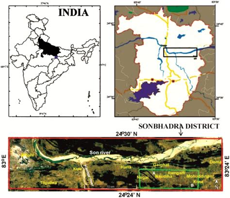 -Location map of the study area in Sonbhadra district, U.P. The green ...