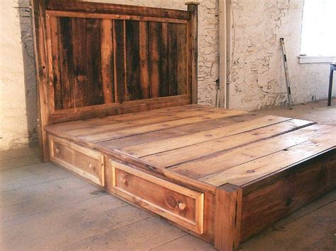 Reclaimed Rustic Pine Platform Bed with Headboard and 4 | Etsy Pallet ...