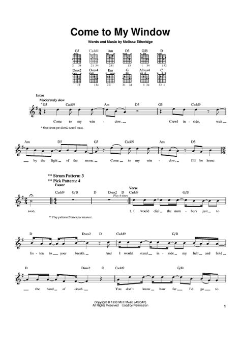 Come To My Window" Sheet Music by Melissa Etheridge for Easy Guitar - Sheet Music Now