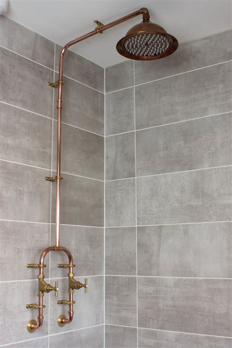 Copper shower with fixed head | Rustic bathroom shower, Shower fixtures ...