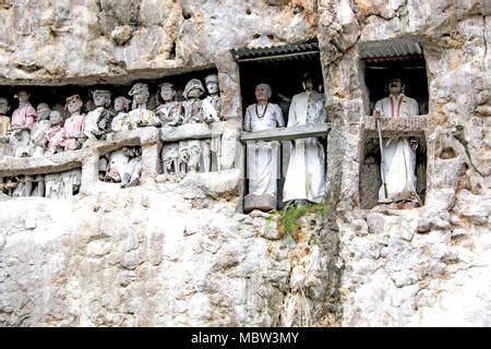 Wooden statues of Tau Tau and coffins in Tampang Allo burial cave of the royal family. Tana ...