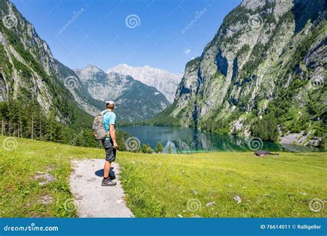 Hiking in the Alps Near Berchtesgaden at the Obersee, Koenigssee Stock ...