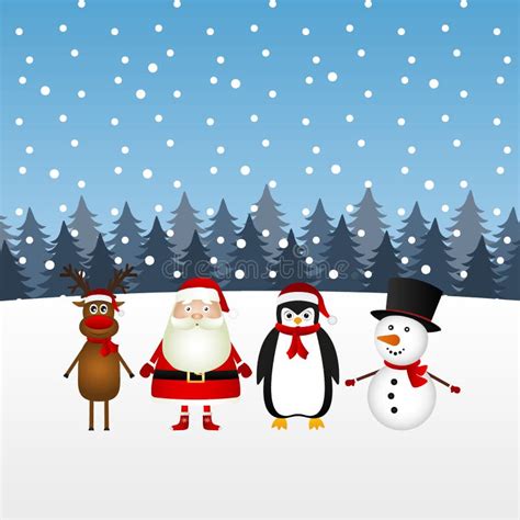 Santa Claus Reindeer And Snowman In Winter Forest Stock Vector ...