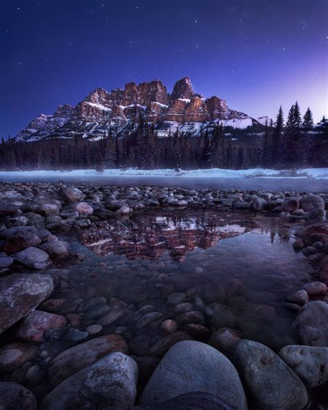 An hour before sunrise under Castle Mountain Banff, Canada. [OC][1,600 ...