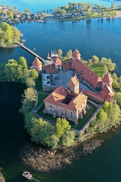 Aerial view of Trakai Island Castle on Lake Galve, Lithuania