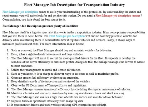 Fleet Manager Job Description for Transportation Industry | room surf.com